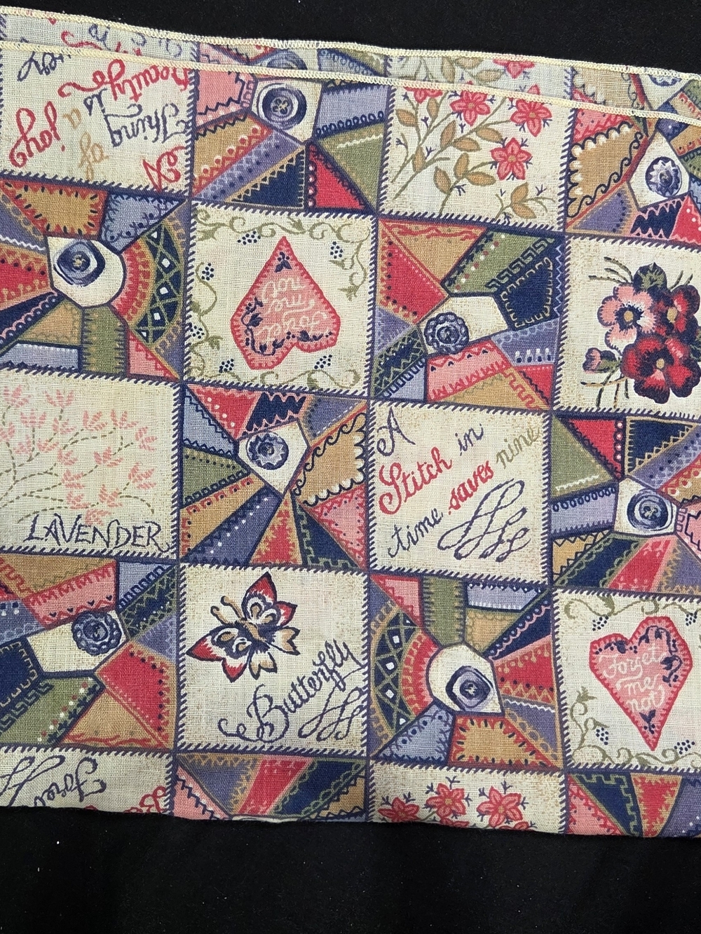 Vintage Cottagecore Patchwork Quilt Pattern Handkerchief "A Stitch in Time Saves